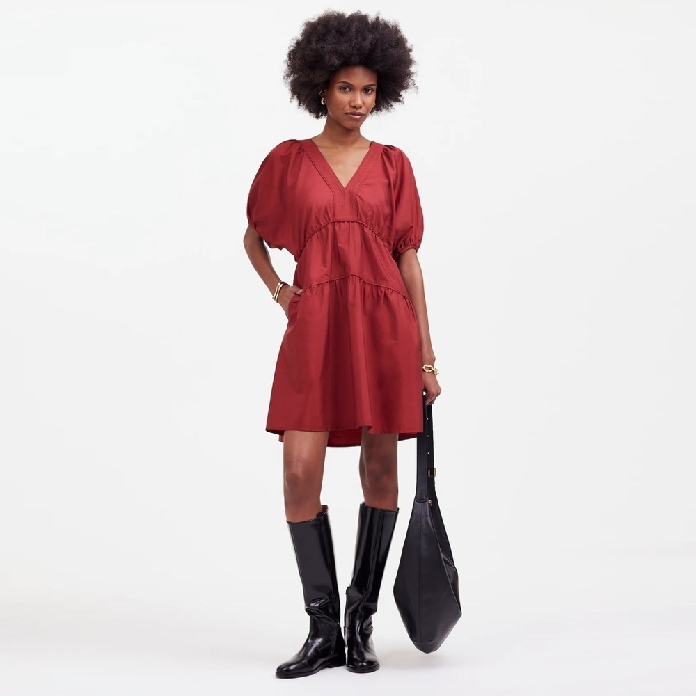 Madewell - Puff-Sleeve Mini Dress in Poplin - Claret